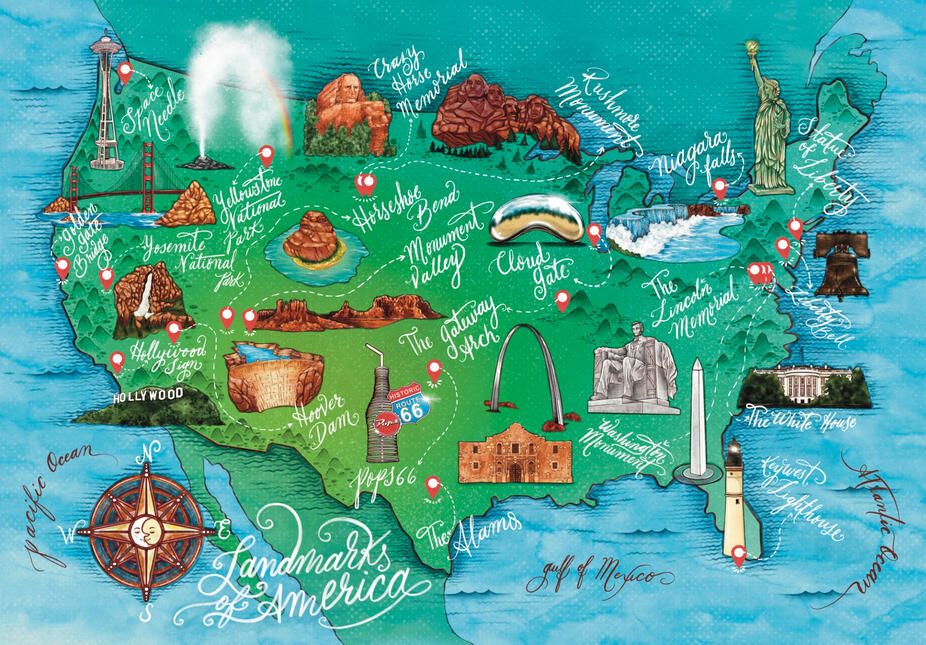 Landmarks of America Illustration for Mosaic Puzzles